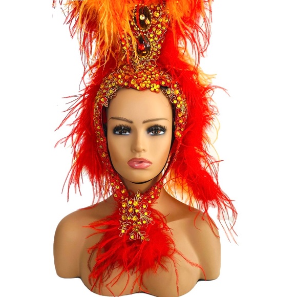Showgirl Orange & Red Feathers Headdress W/ Ostrich Marabou Feather Boas Unisex - Picture 6 of 8